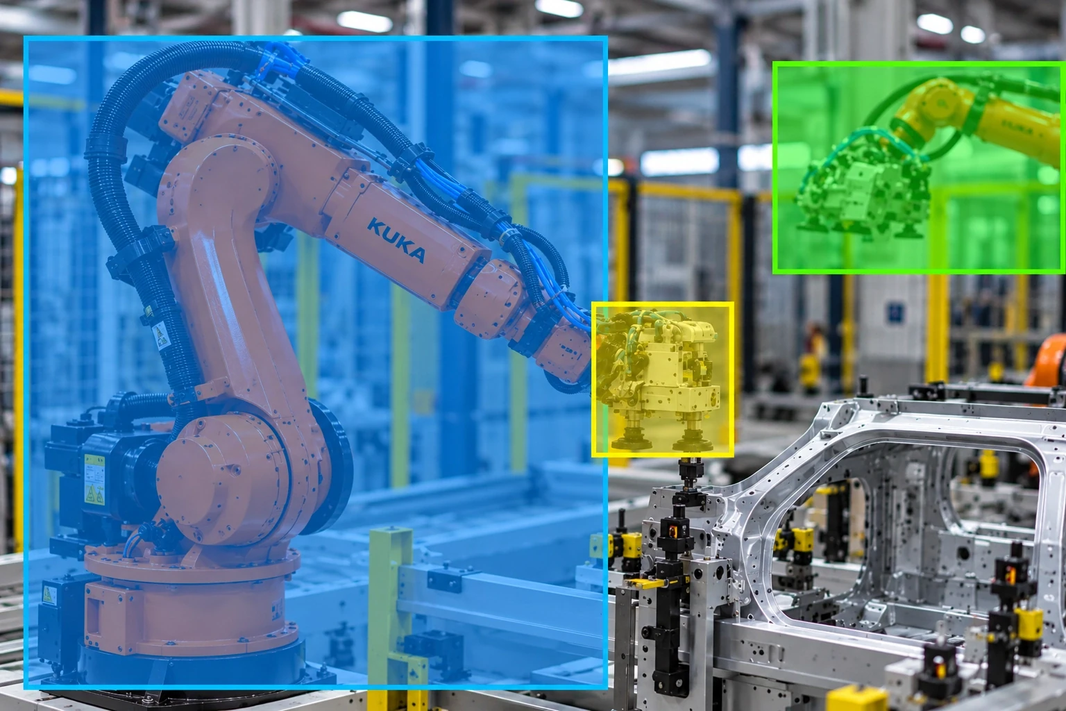 Color-coded robotic arms operating on a smart factory assembly floor