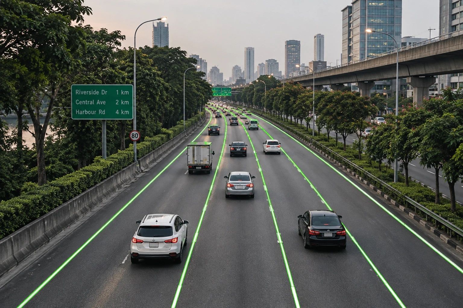 Urban highway neon lane spline fitting and boundary delineation