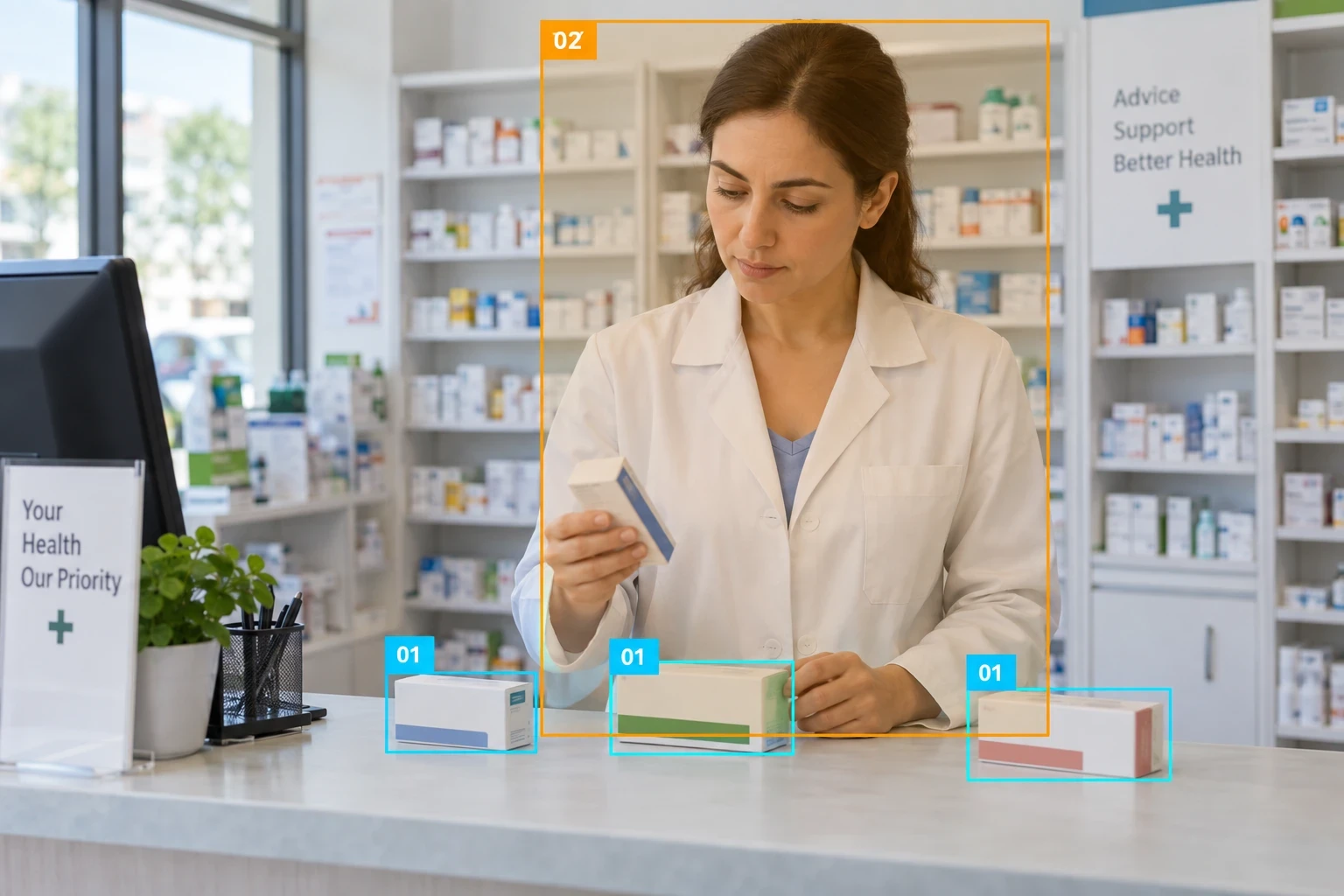 Bounding Box: Locate medication packages and the pharmacist with separate, numbered object classes.