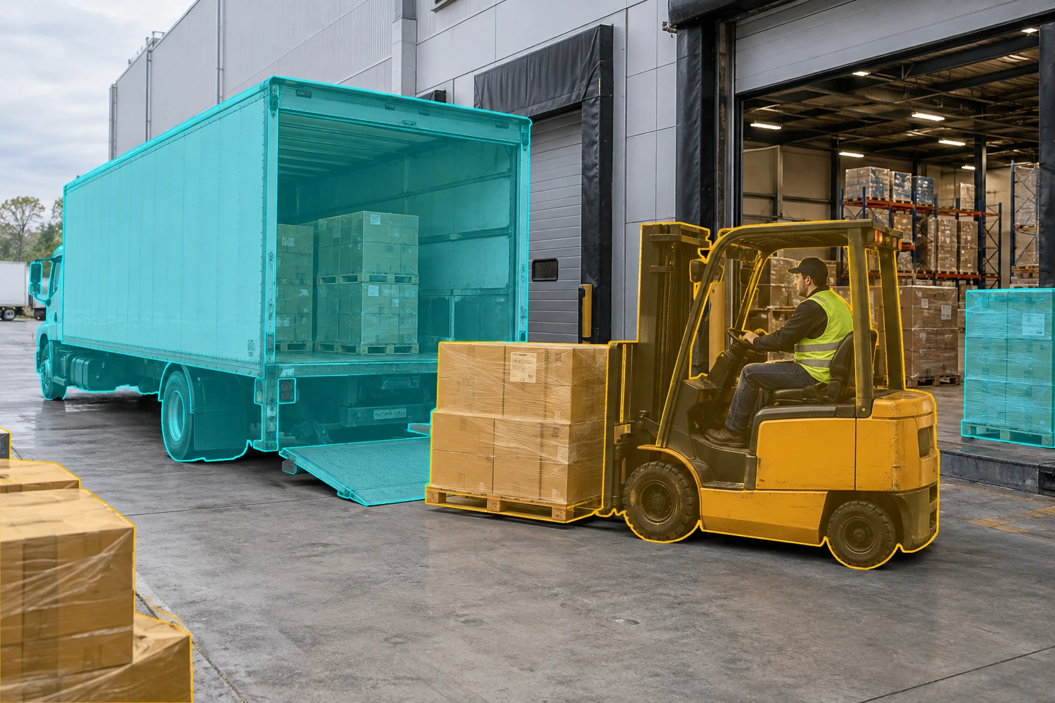Automatic Annotation: Review model proposals and correct missed objects or uncertain boundaries. Applied to parcels, pallets, vehicles and warehouse infrastructure.