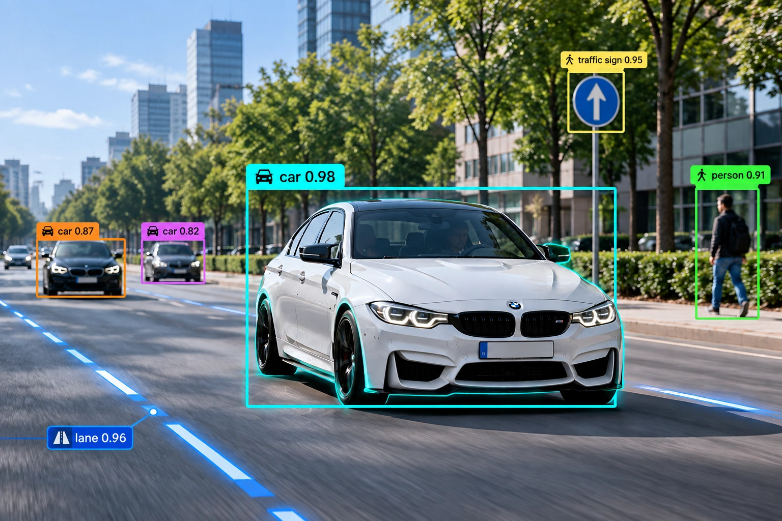 Autonomous vehicle 3D vision and lane detection on a tree-lined boulevard